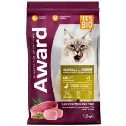 "AWARD" Hairball & Indoor сухой корм  для взрослых кошек для выведения шерсти с уткой и индейкой
